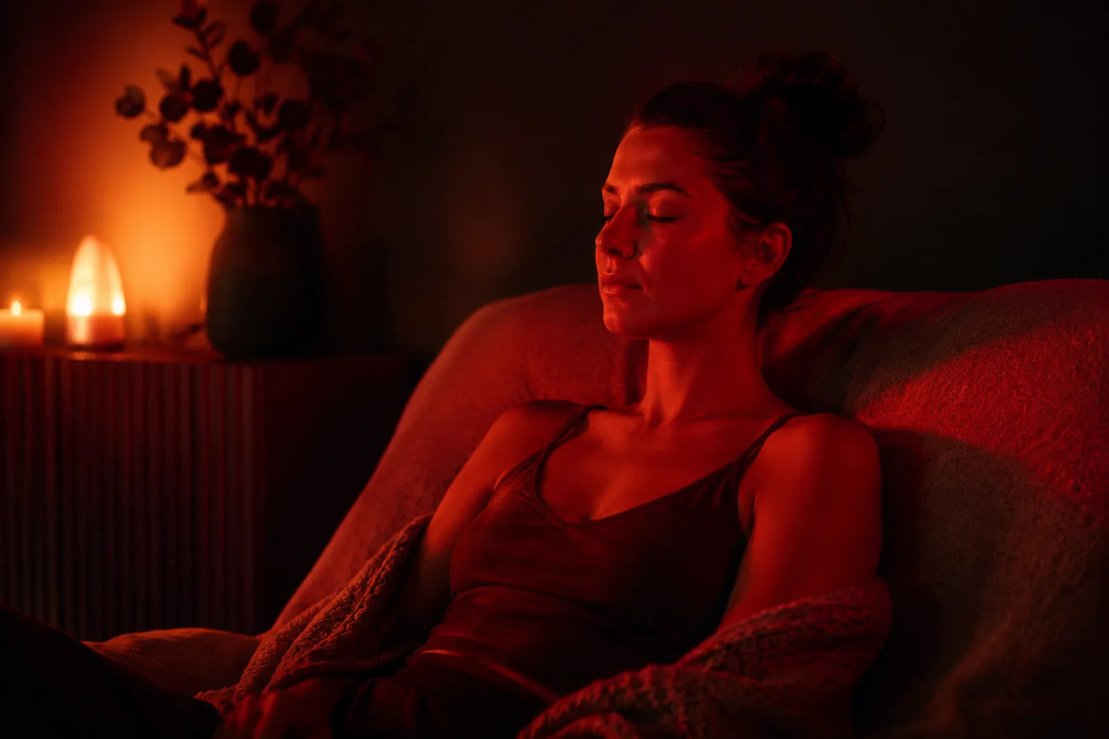 Serene at-home wellness setting in warm red light