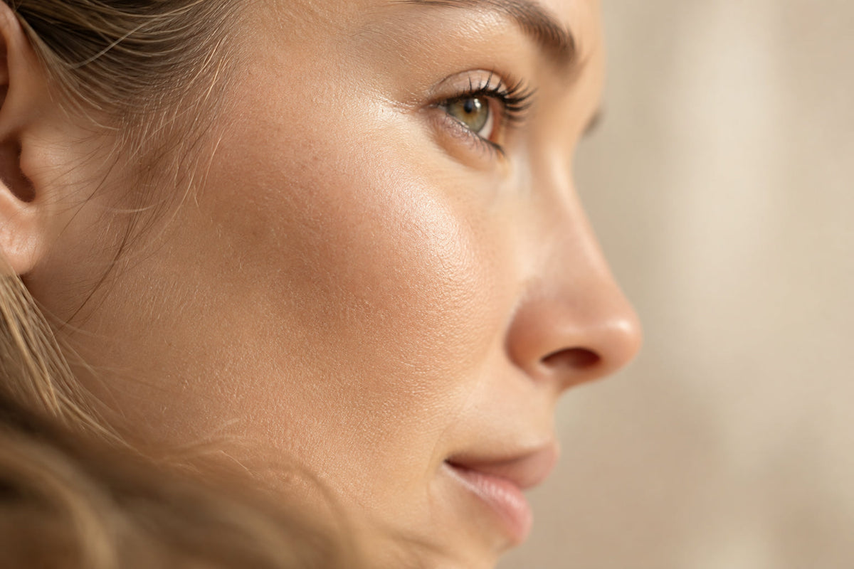 Close-up of a woman's cheek showing natural skin texture and pores in soft daylight