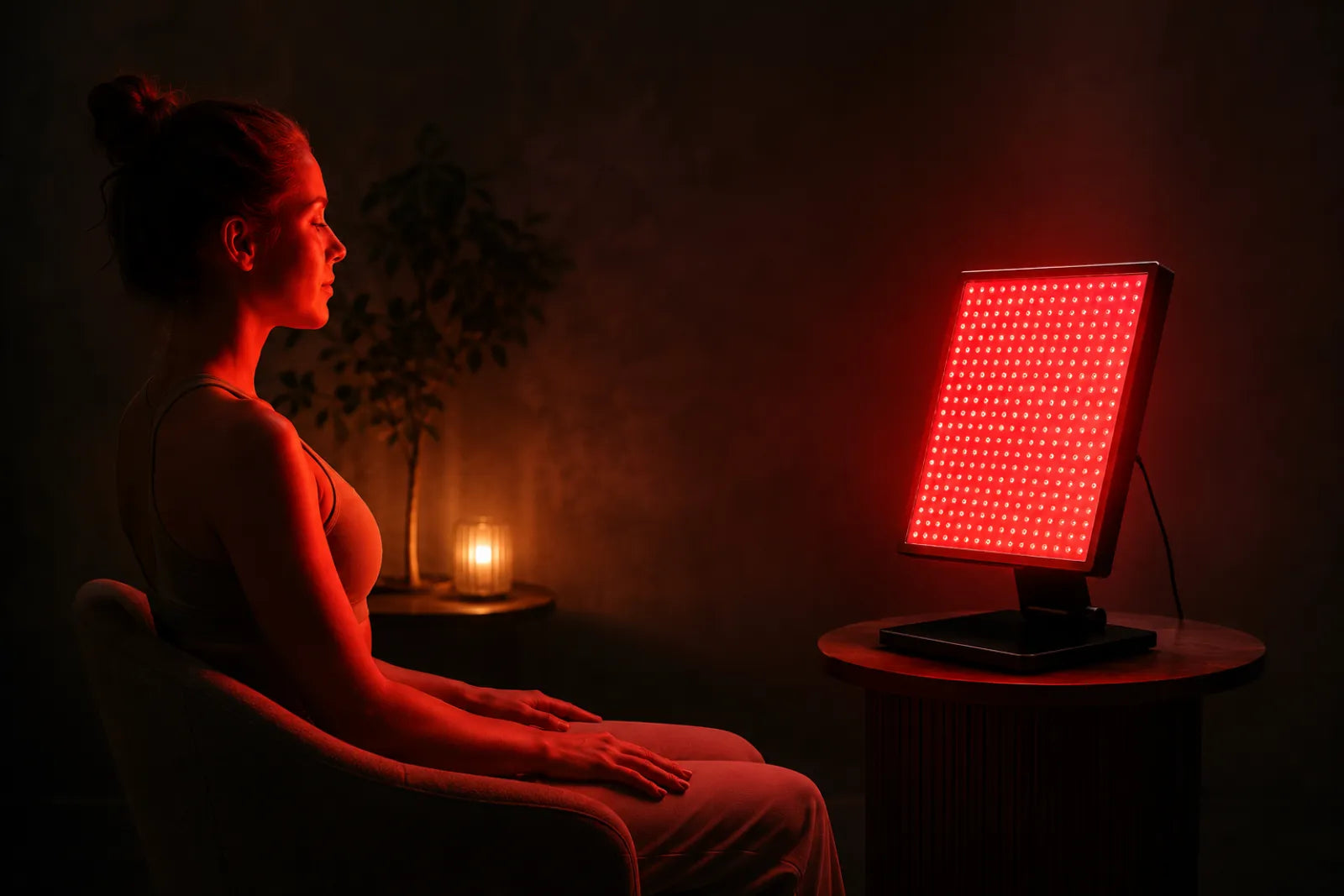Woman seated at a distance from a glowing Lumovex Pro Panel 540