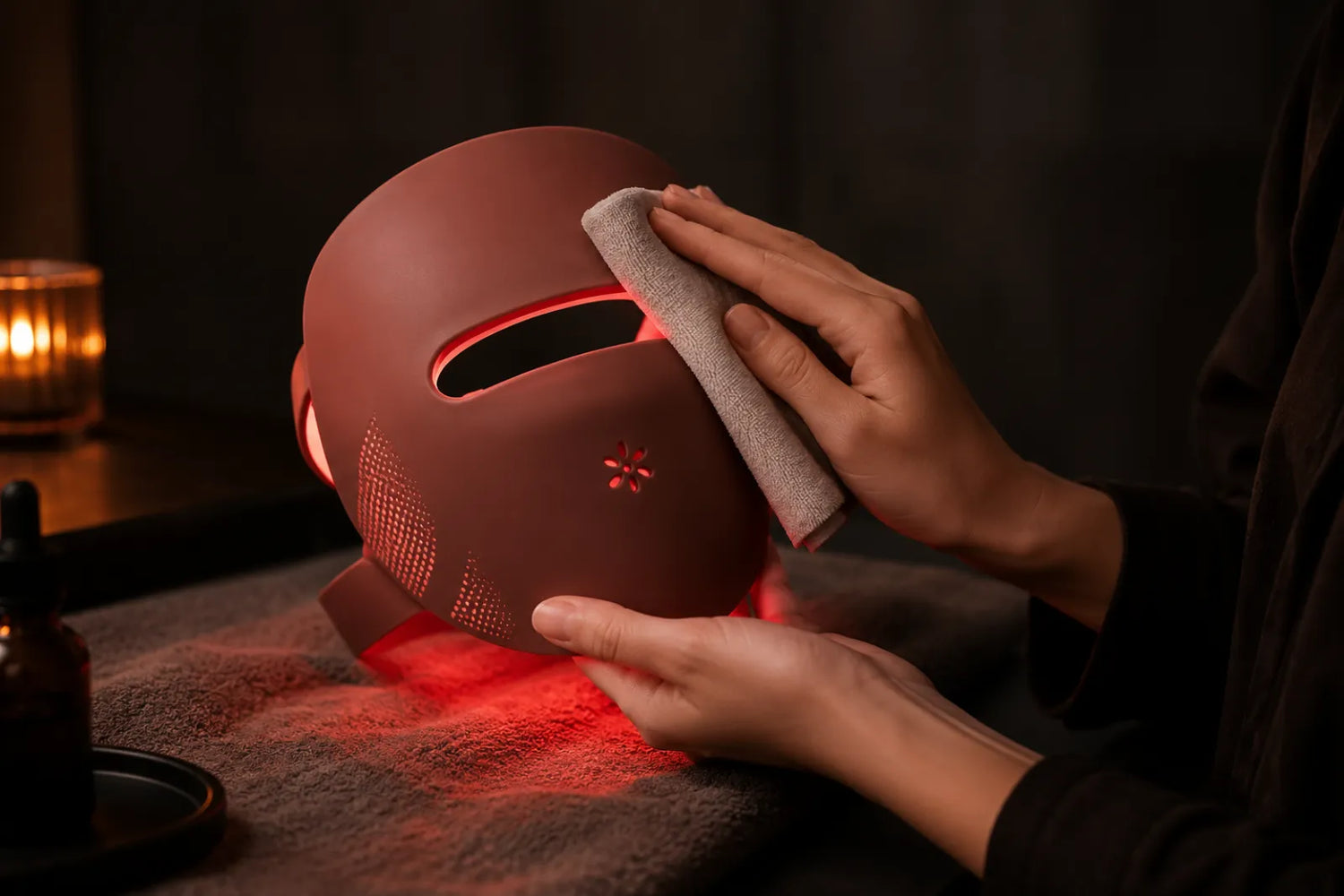 Lumovex LED face mask being gently wiped clean with a soft cloth