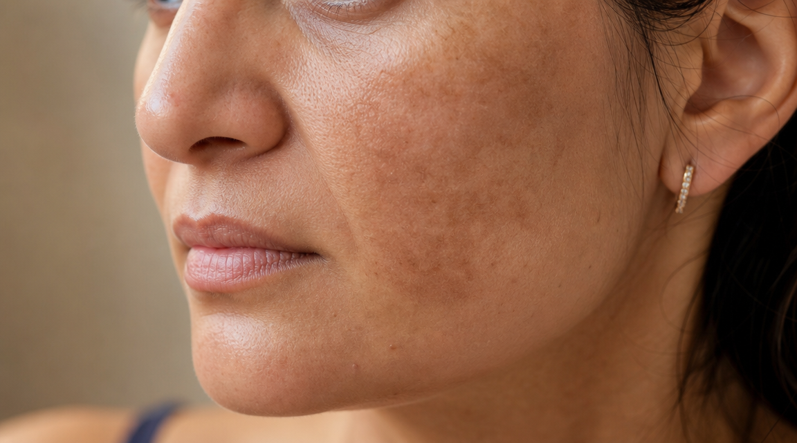Editorial close-up illustrating uneven skin tone and hormonal hyperpigmentation