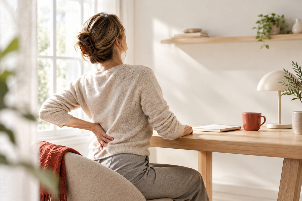 Woman stretching her lower back while working at a desk at home