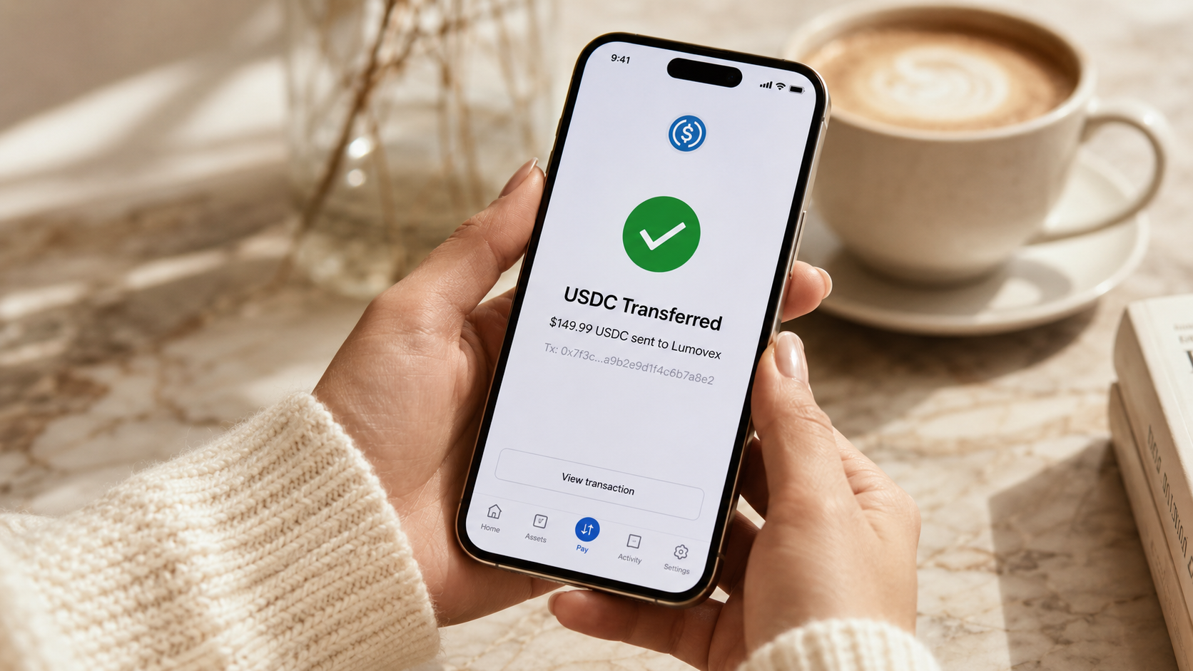 Smartphone screen showing USDC payment transferred confirmation for Lumovex red light therapy checkout