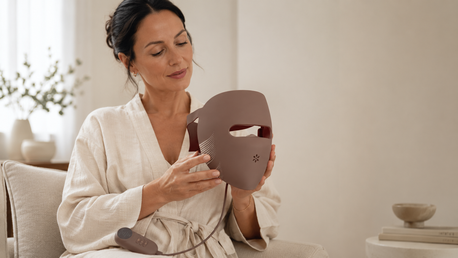 Woman holding the Lumovex Spectrum Pro red light therapy mask after an aesthetic procedure, soft morning light