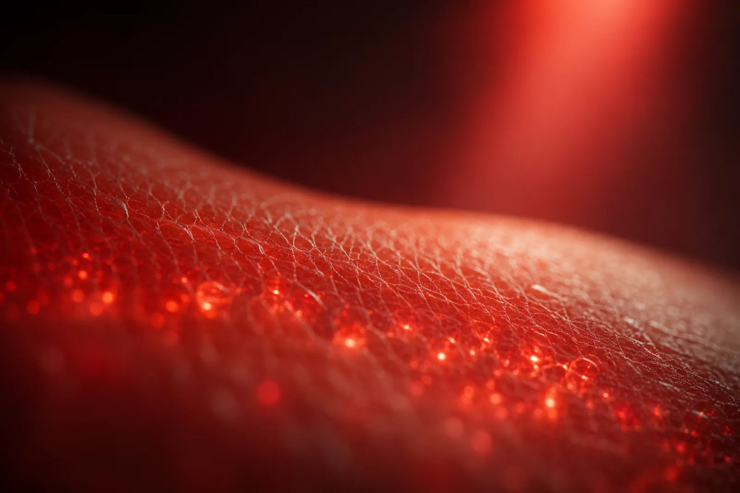 Macro of glowing skin under red light therapy representing collagen support