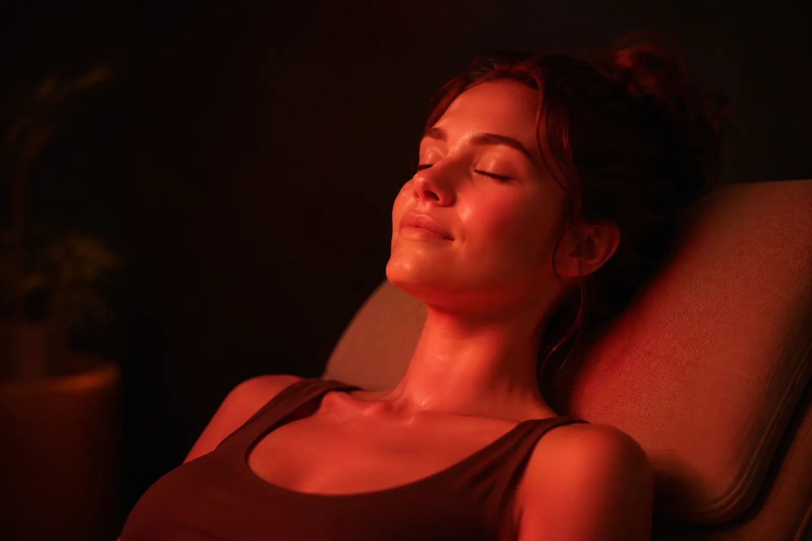 Calm person relaxing in gentle red light, red light therapy for stress and anxiety