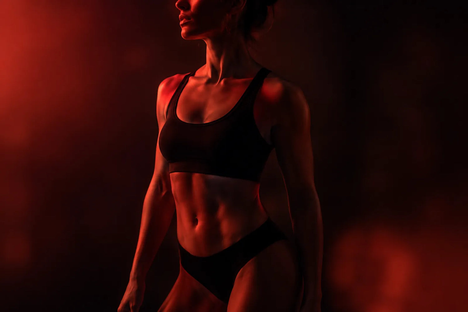 Toned body bathed in red light, red light therapy and weight loss