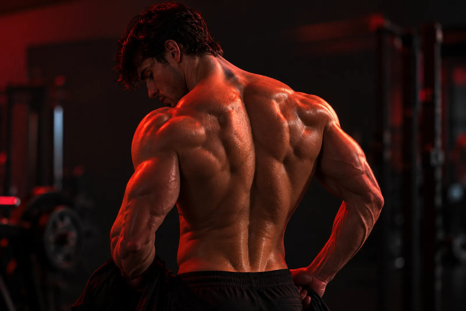 Muscular athlete's back with a red light therapy glow in a dark gym