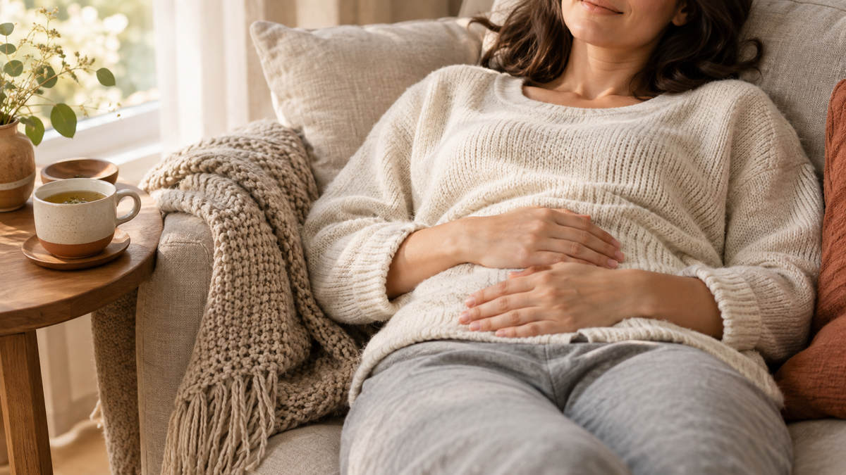 Woman relaxing on a linen sofa with her hands resting over her lower abdomen, a cup of herbal tea beside her