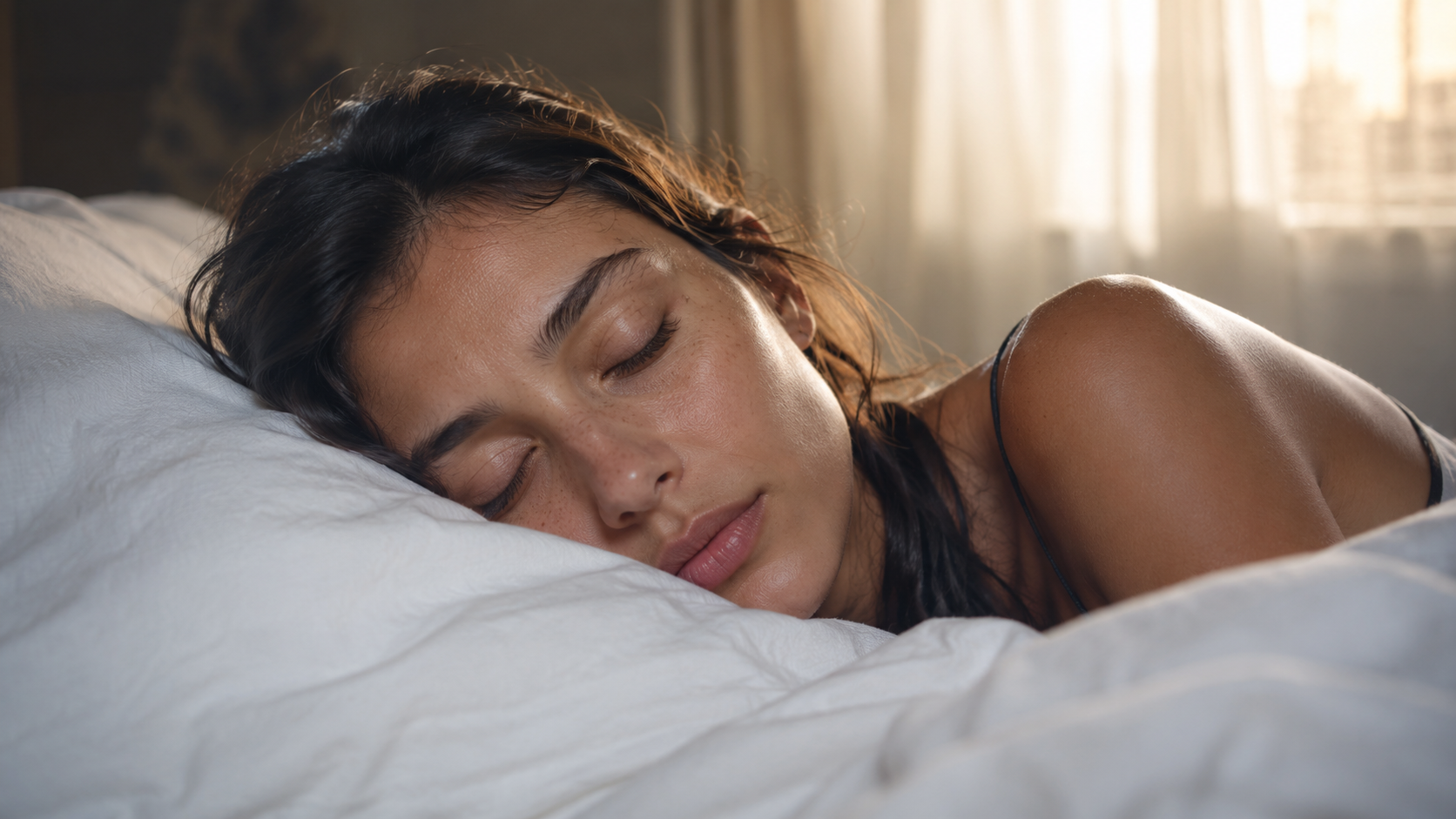 Woman sleeping peacefully in soft early-morning light, editorial close-up illustrating an evening wind-down routine