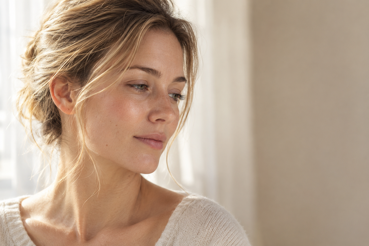 Woman with fresh, natural-looking skin in soft morning window light