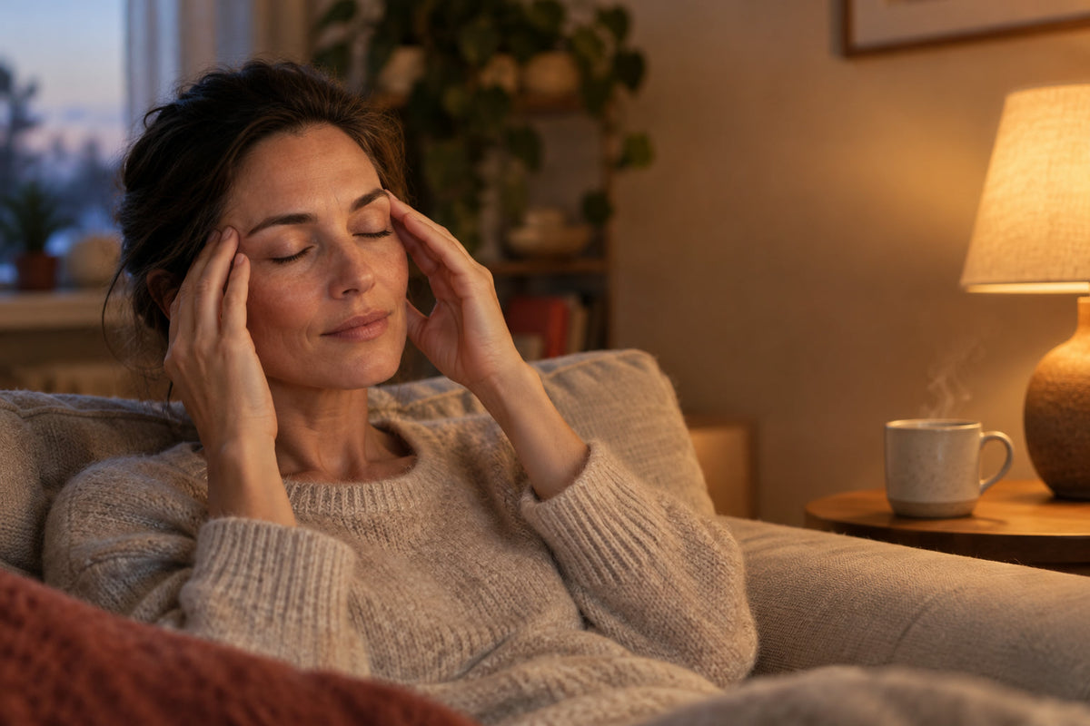 Woman resting on a sofa with her fingertips on her temples in a softly lit room
