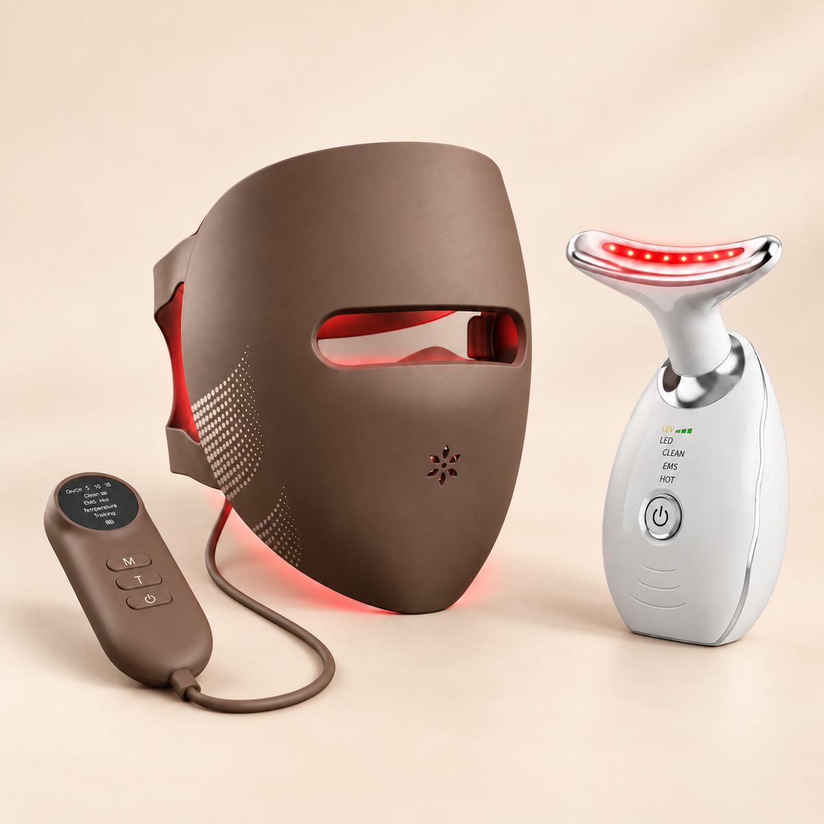 Complete Face Kit with brown Spectrum Pro Mask, controller and white Sculpt Wand with glowing red LEDs on a cream background.