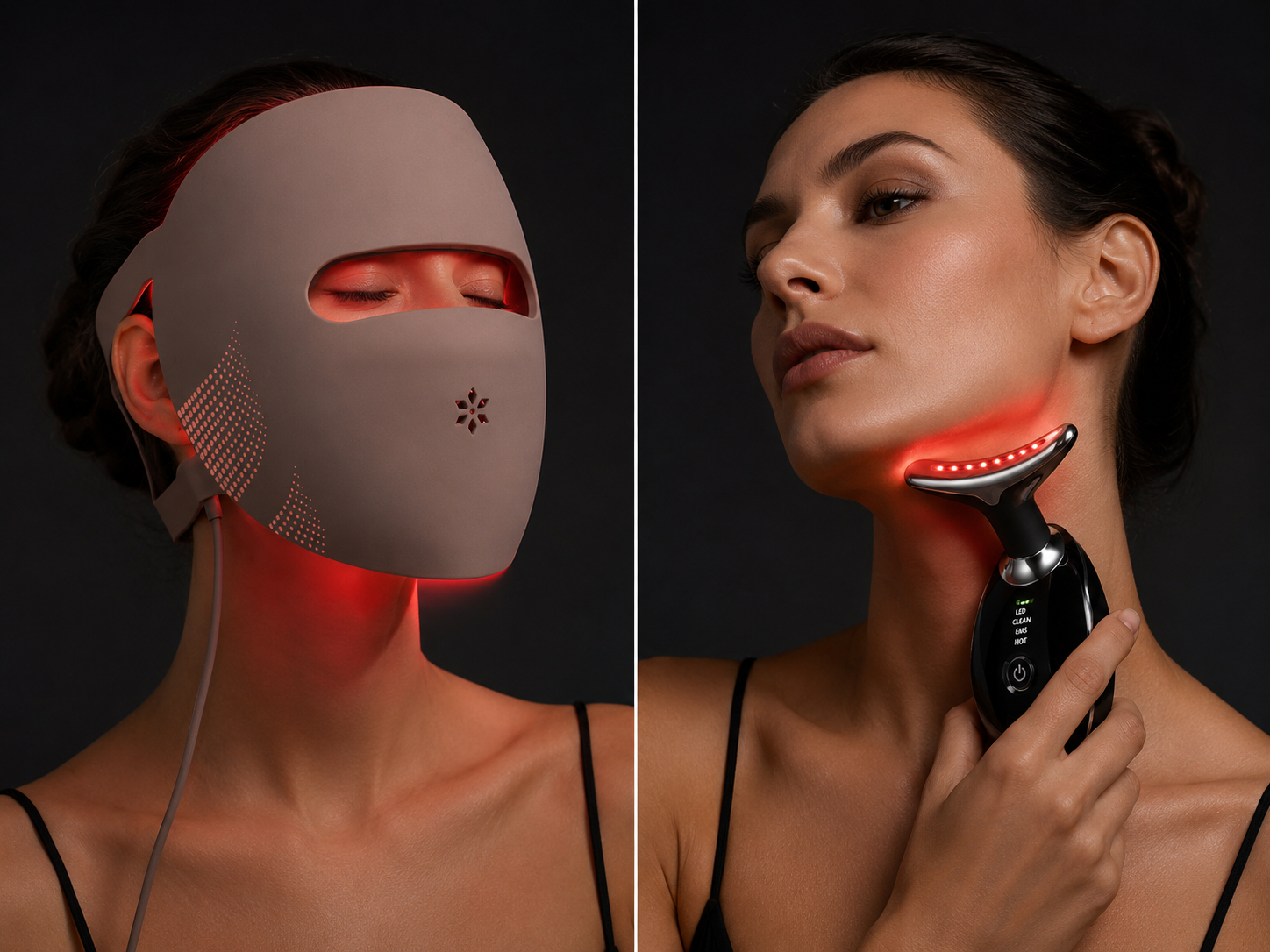 Lumovex LED face mask and Sculpt wand in use — red light therapy on face and neck
