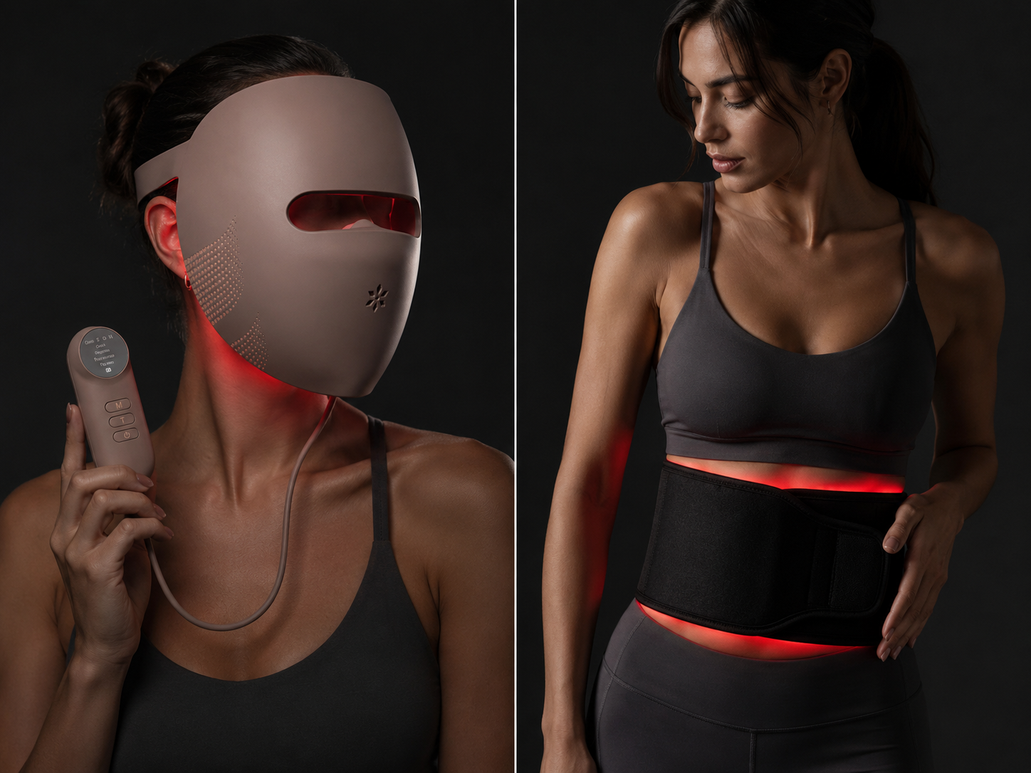 Lumovex LED face mask and red light therapy belt in use — face and body