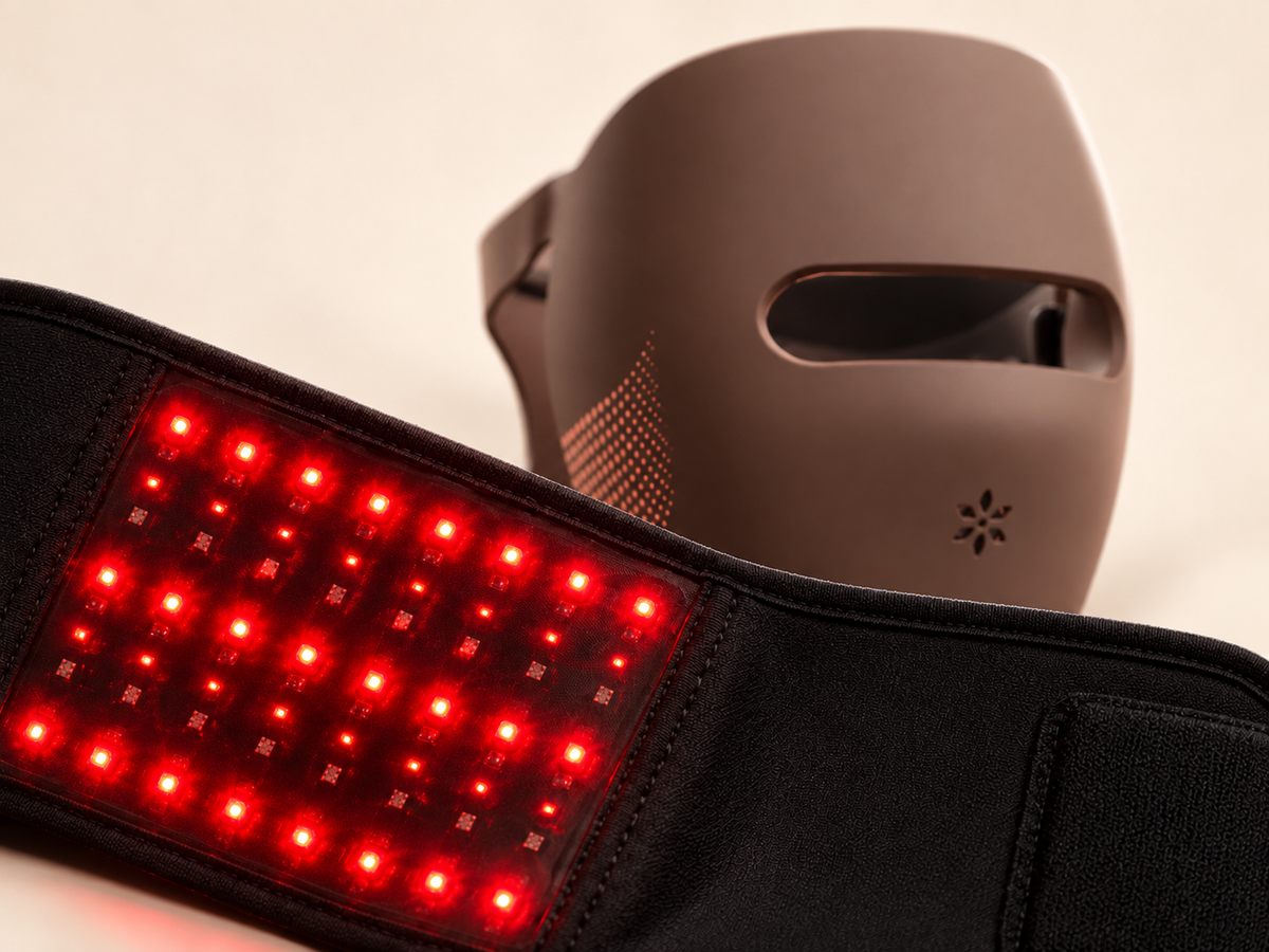 Close-up of the Lumovex red light therapy belt LEDs and Spectrum Pro mask