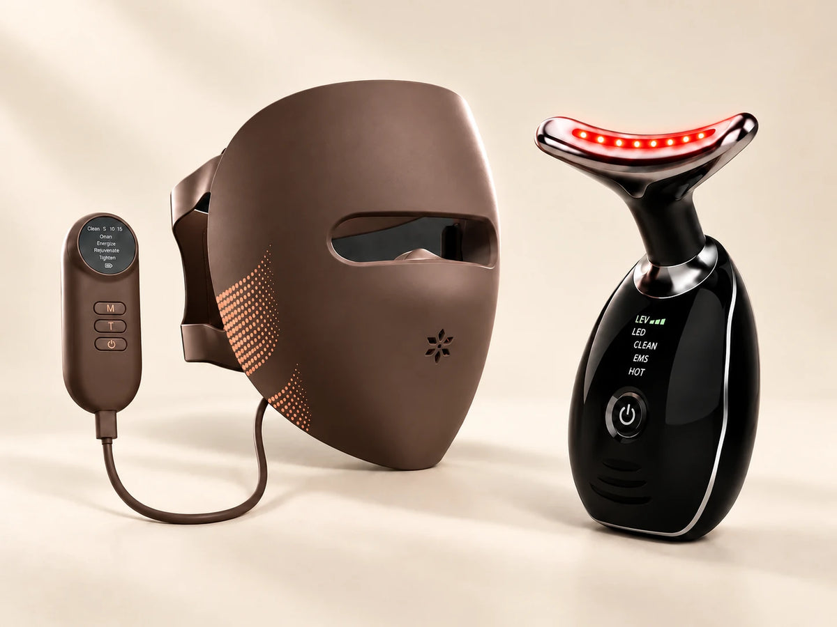 Lumovex Complete Face Kit with Spectrum Pro face mask, controller and black Sculpt Wand on a cream background.