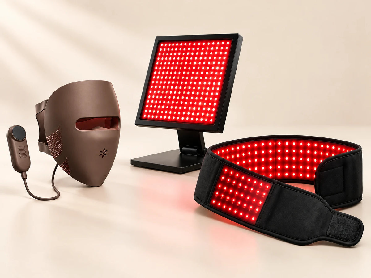 Lumovex Home Clinic kit with Spectrum Pro face mask, controller, Pro Panel 540 and therapy belt on a cream background.