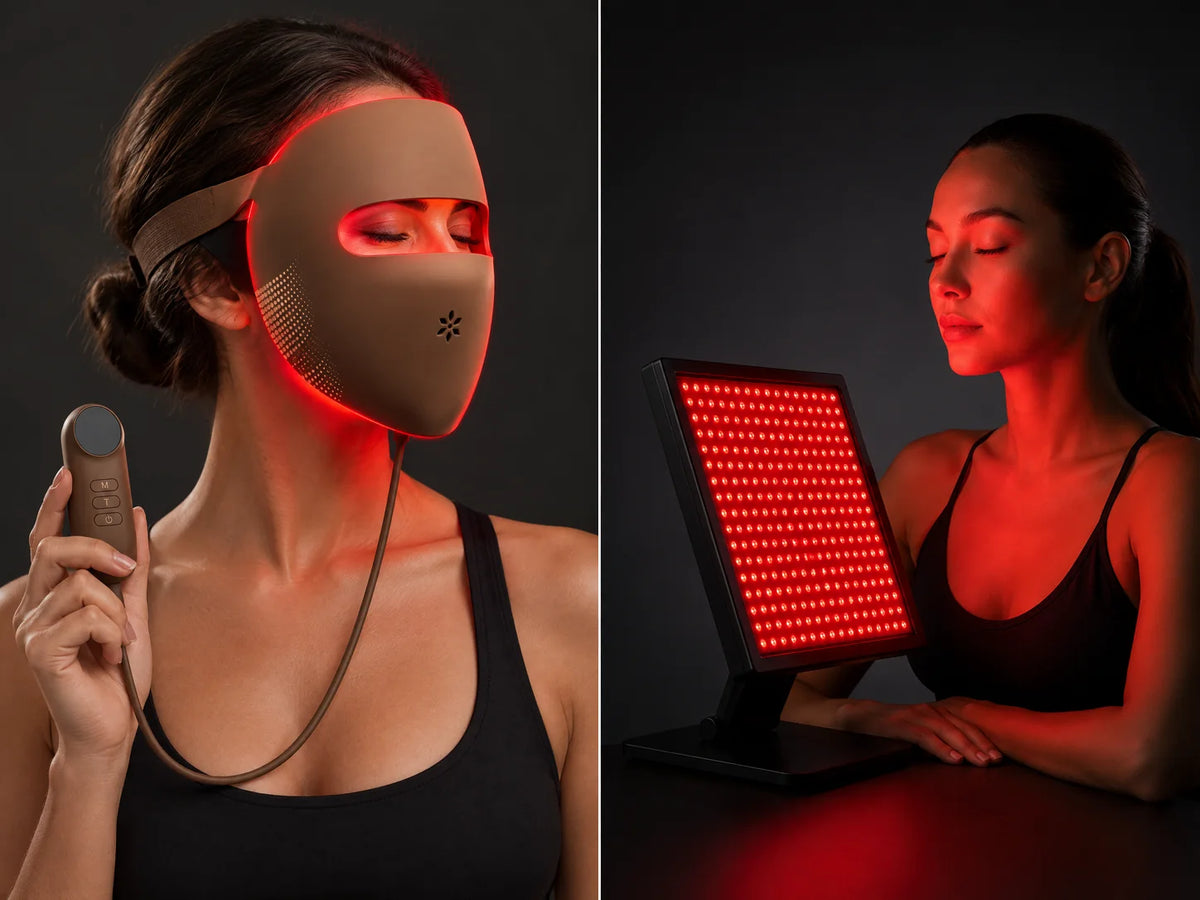 Woman wearing the Lumovex Spectrum Pro red light therapy mask and holding its controller, next to a woman using the Lumovex Pro Panel 540 - both included in the Home Clinic kit