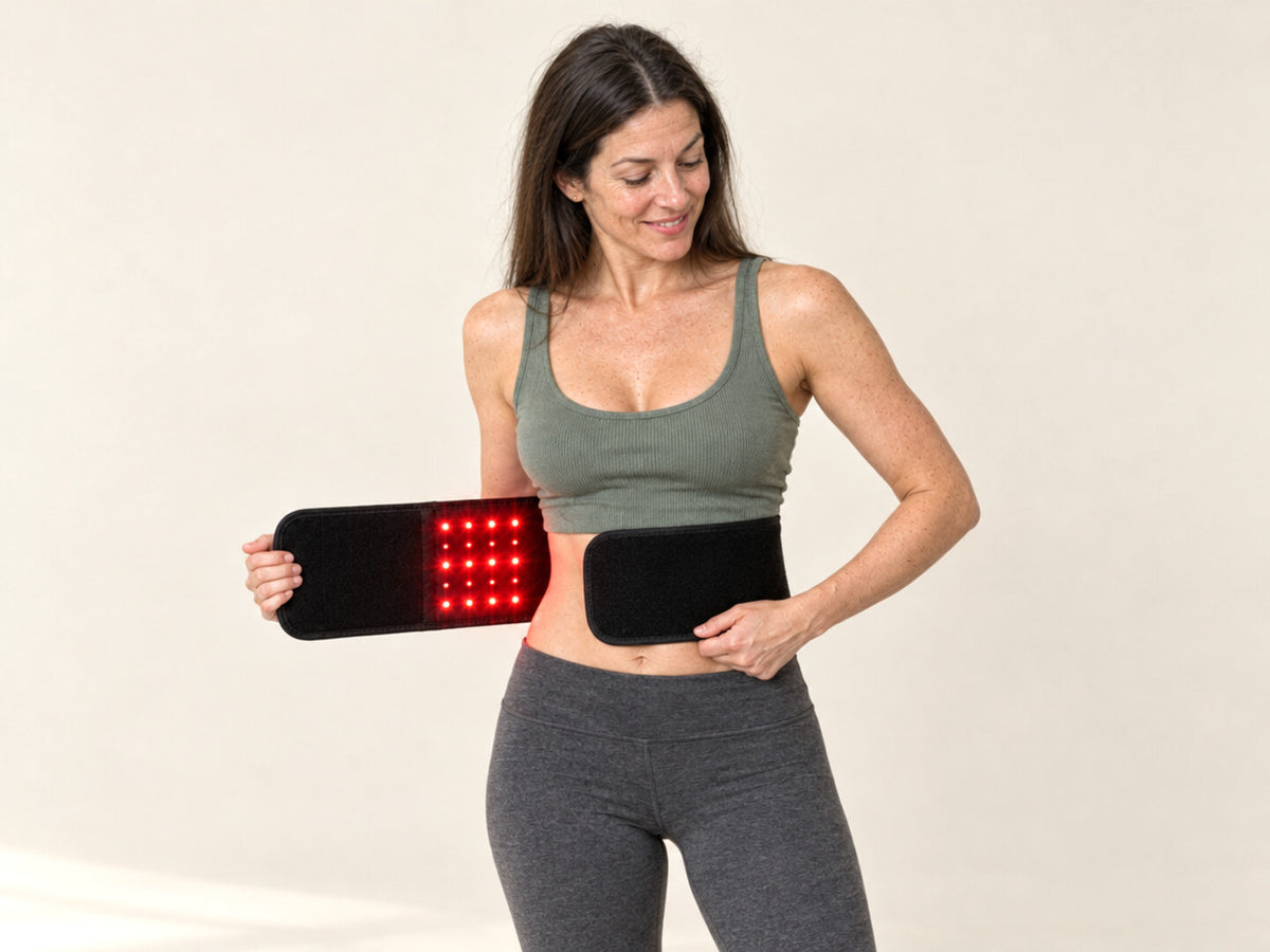 Woman wrapping the Lumovex red light therapy belt around her bare waist, holding the open end showing its 660nm red and 850nm near-infrared LEDs