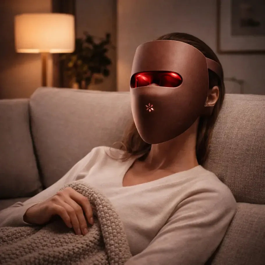 Side view of Lumovex Spectrum Pro red light therapy mask in use for skin rejuvenation