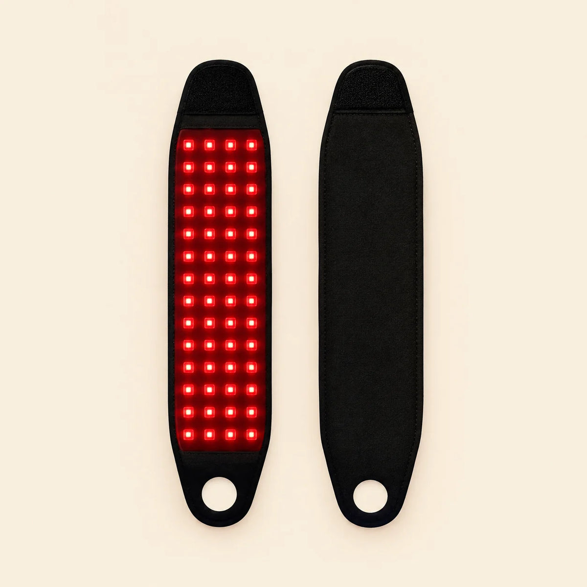 Two Lumovex wrist straps laid flat: the inner red LED side and the plain black outer side, each with a thumb hole