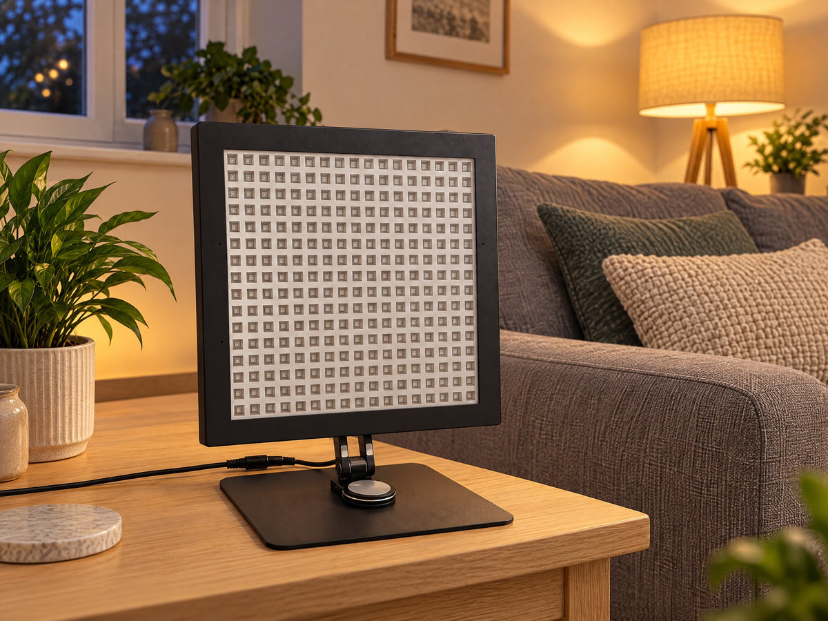 Lumovex Pro Panel 540 switched off, showing the LED grid, black frame and adjustable stand