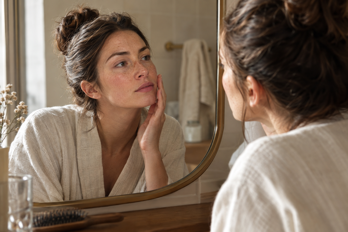 Woman checking her skin in a bathroom mirror in soft morning light while deciding which LED face mask to buy