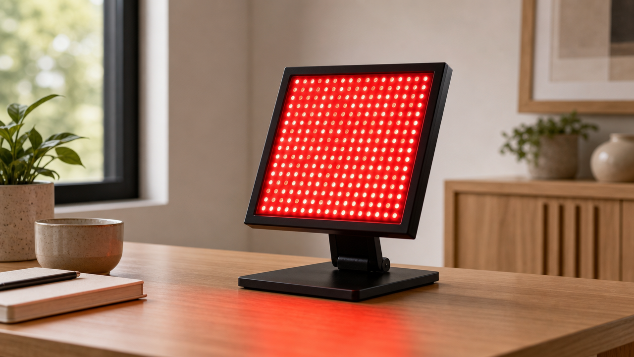 Lumovex Pro Panel 540 red light therapy panel switched on with a deep red LED glow, mounted on its desktop stand on a light-oak desk