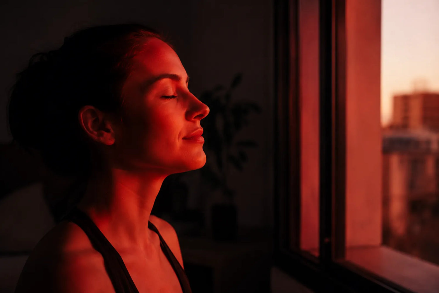 Serene face in warm red light by a window, best time of day for red light therapy