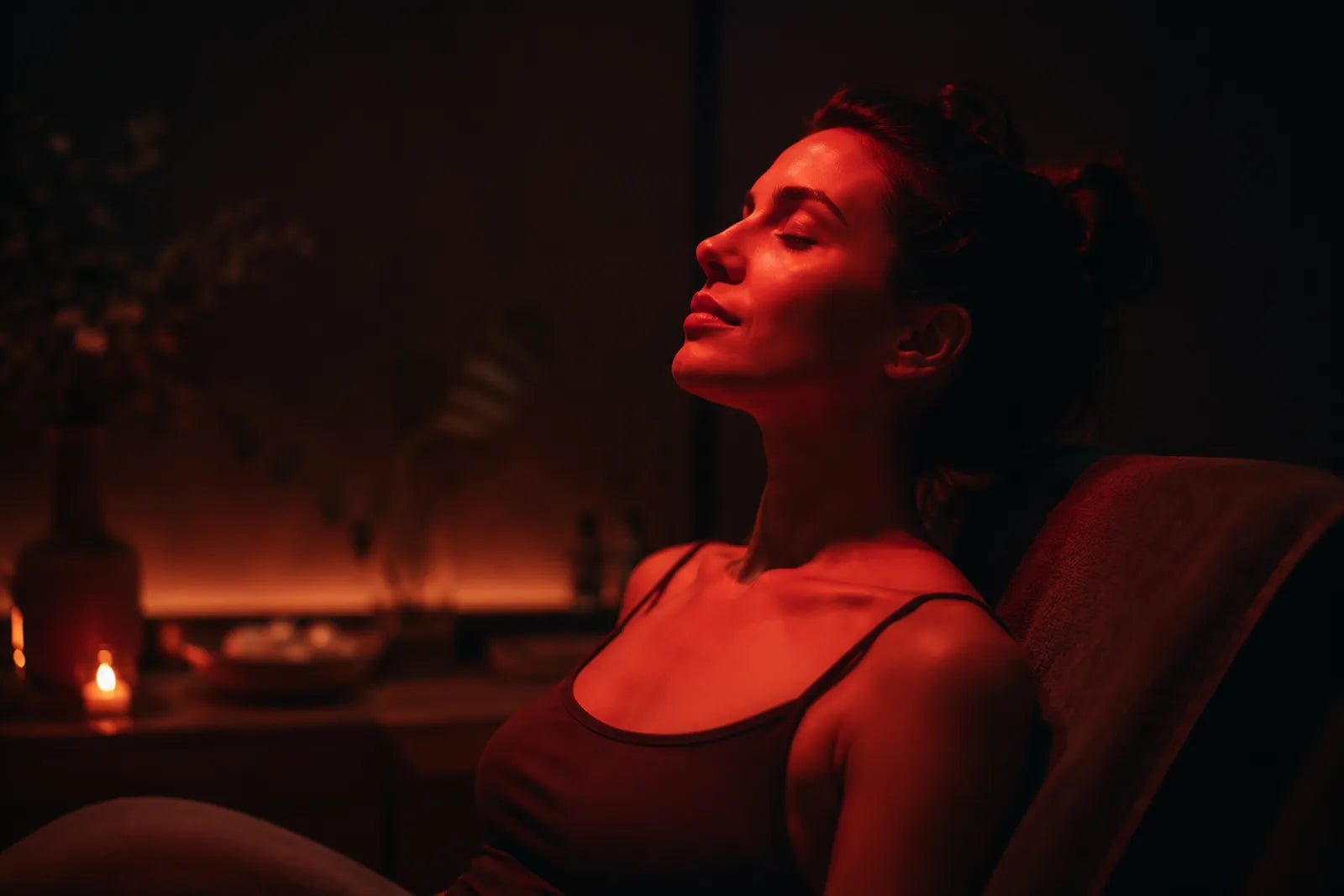 Person bathed in soft red light in a daily wellness routine