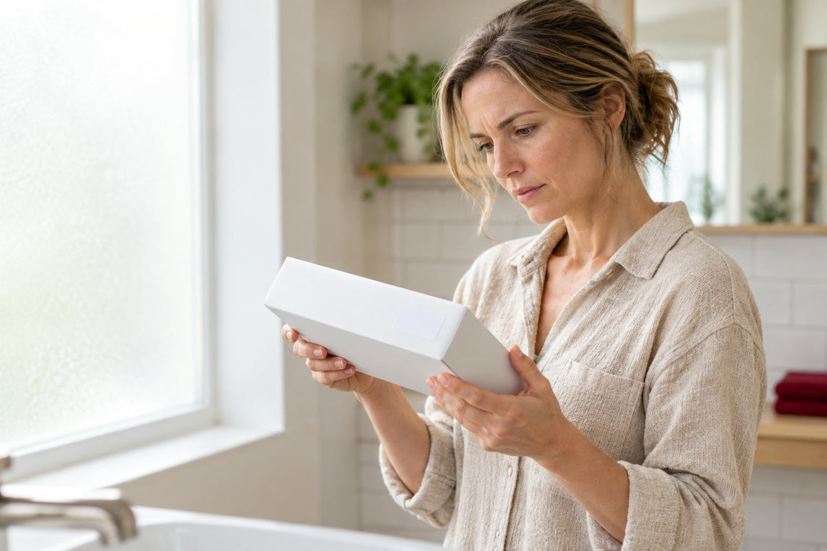 Woman in a bright bathroom reading the label on a plain white device box before buying