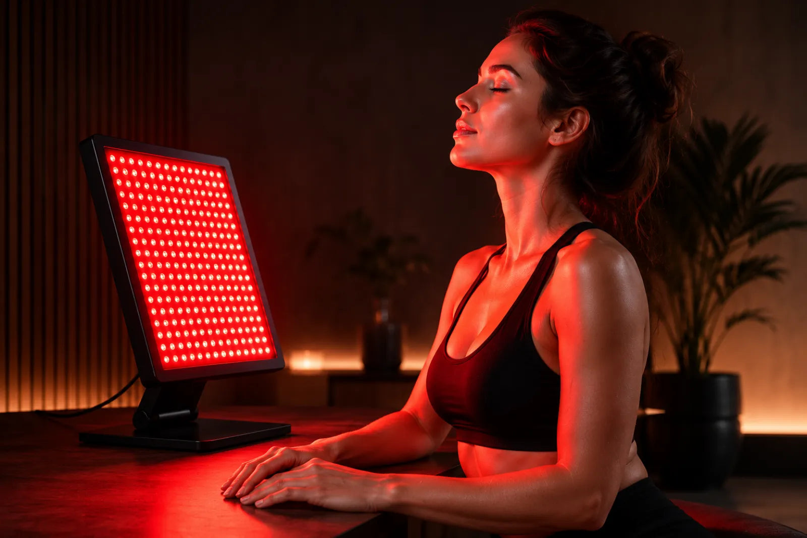 Woman using the Lumovex Pro Panel 540 red light therapy panel