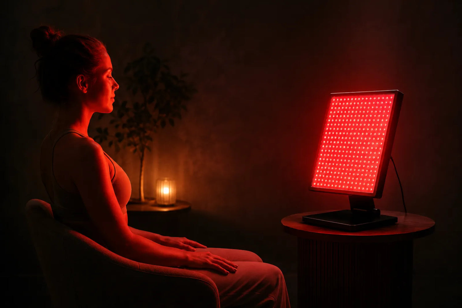 Woman seated at a distance from a glowing Lumovex Pro Panel 540