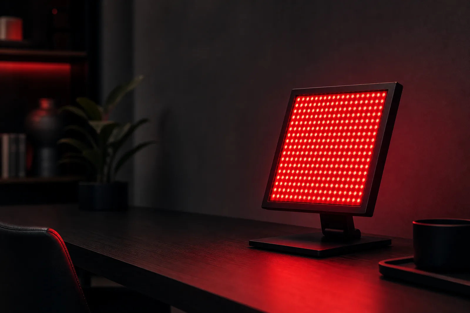 Red light therapy panel glowing on a dark desk, illustrating a UK red light therapy cost and buying guide