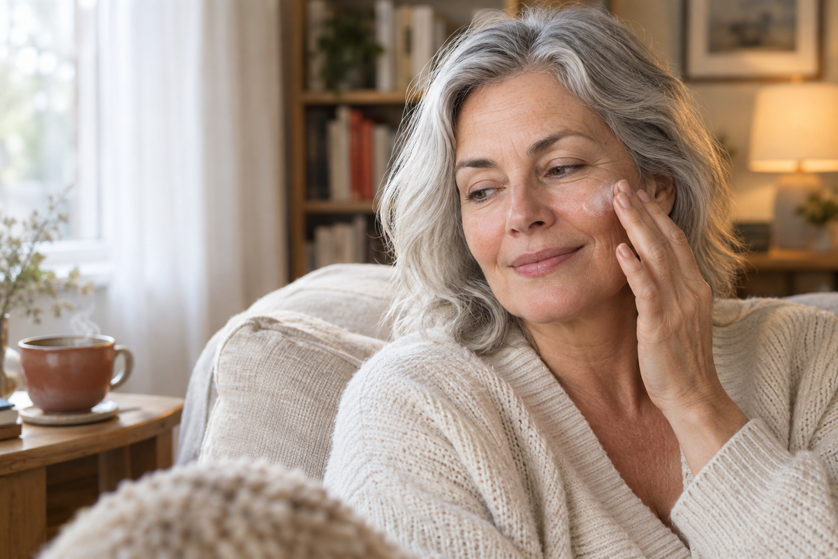 Woman in her late fifties with silver-grey hair applying moisturiser at home in a softly lit living room