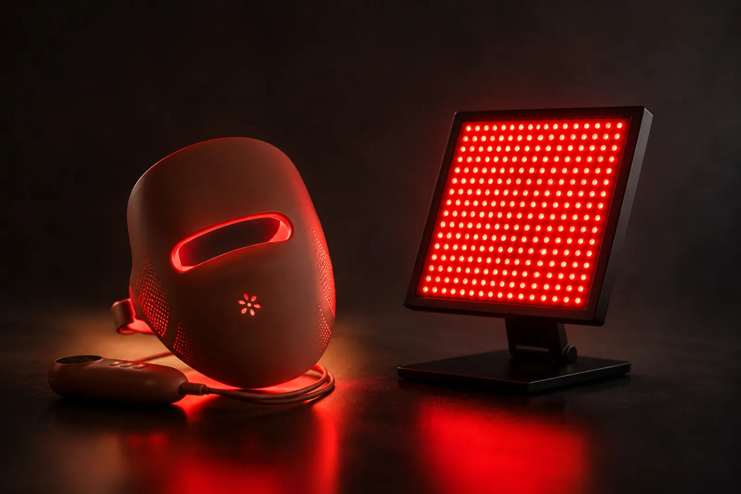 Lumovex LED face mask beside a red light therapy panel, both glowing red