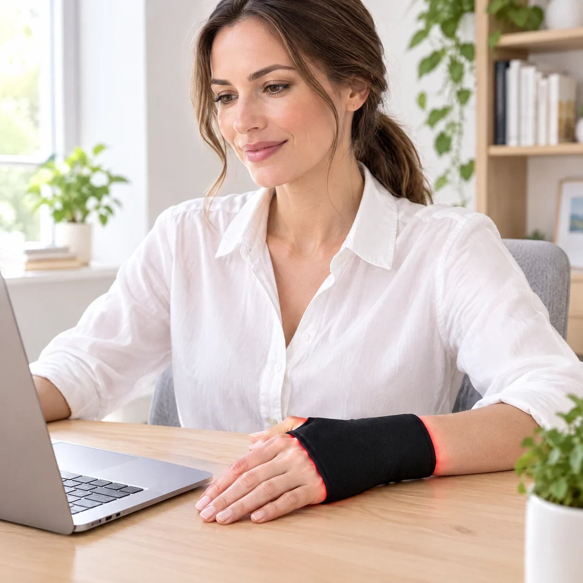 Woman typing at a laptop while wearing a red light therapy wrist strap