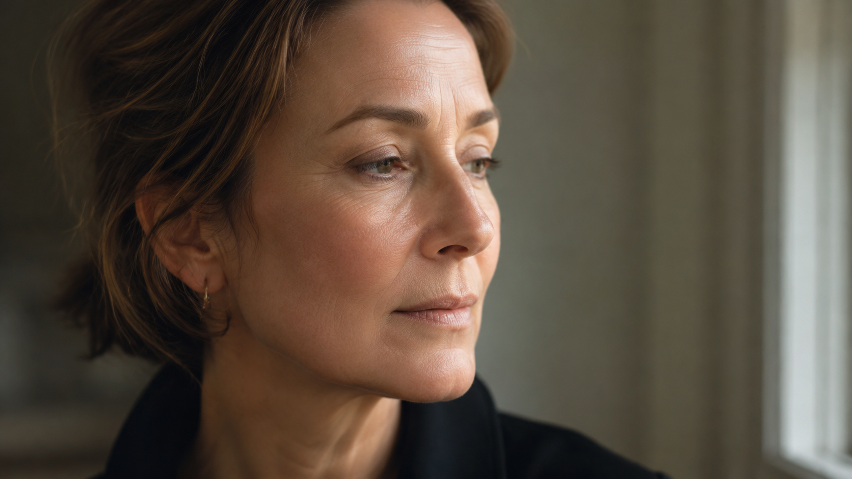 Woman in her late 40s looking in a softly lit bathroom mirror, fine lines and natural skin texture visible