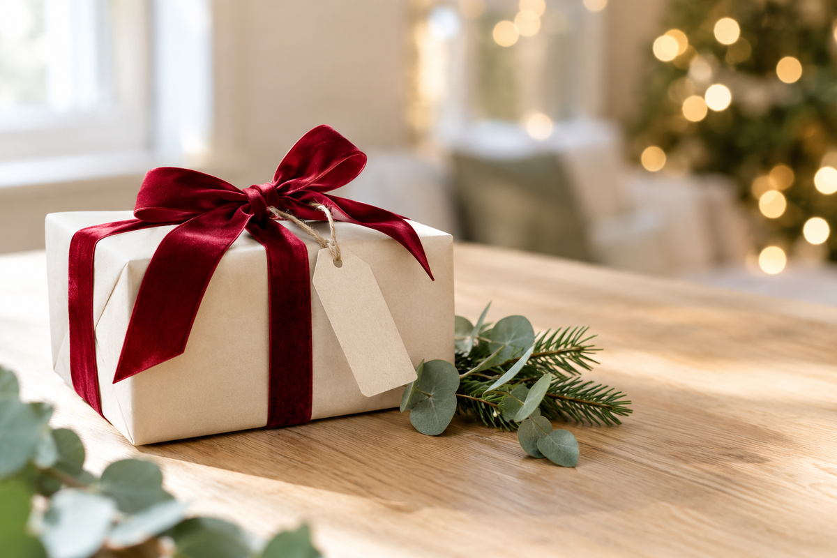 Christmas gift wrapped in cream paper with a red velvet ribbon beside eucalyptus and pine on an oak table