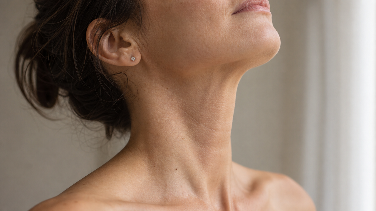 Close-up of a woman's neck and jawline showing natural skin texture and fine lines in soft natural window light