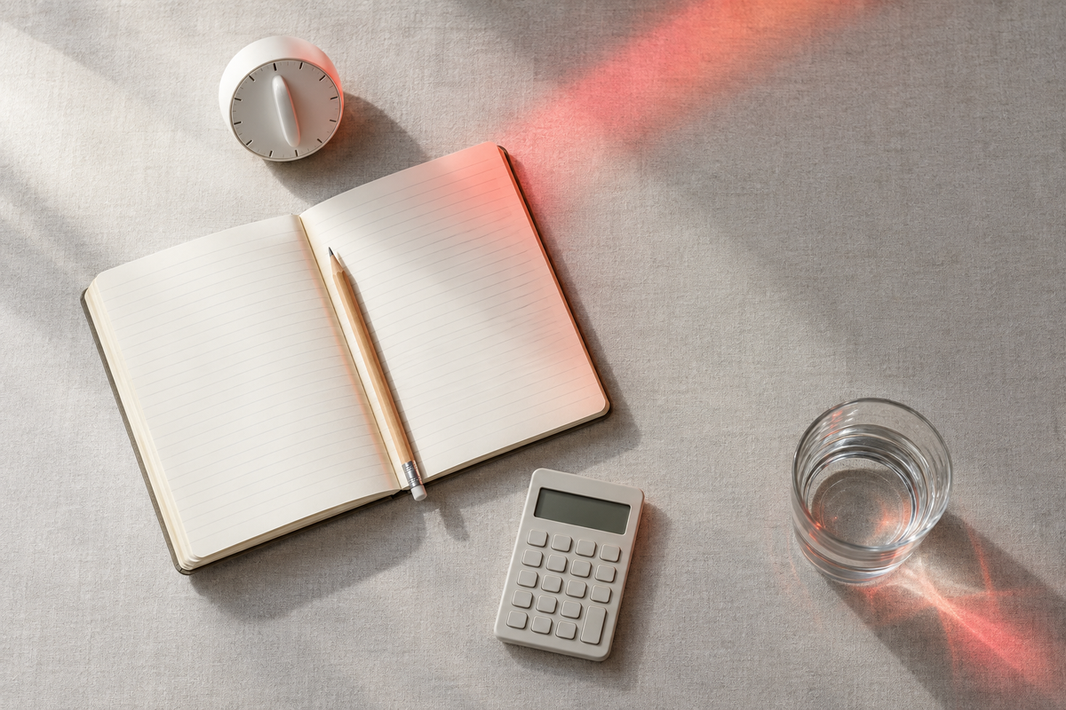 Desk flat lay with a kitchen timer, open notebook, calculator and a band of red light, illustrating red light therapy dosage