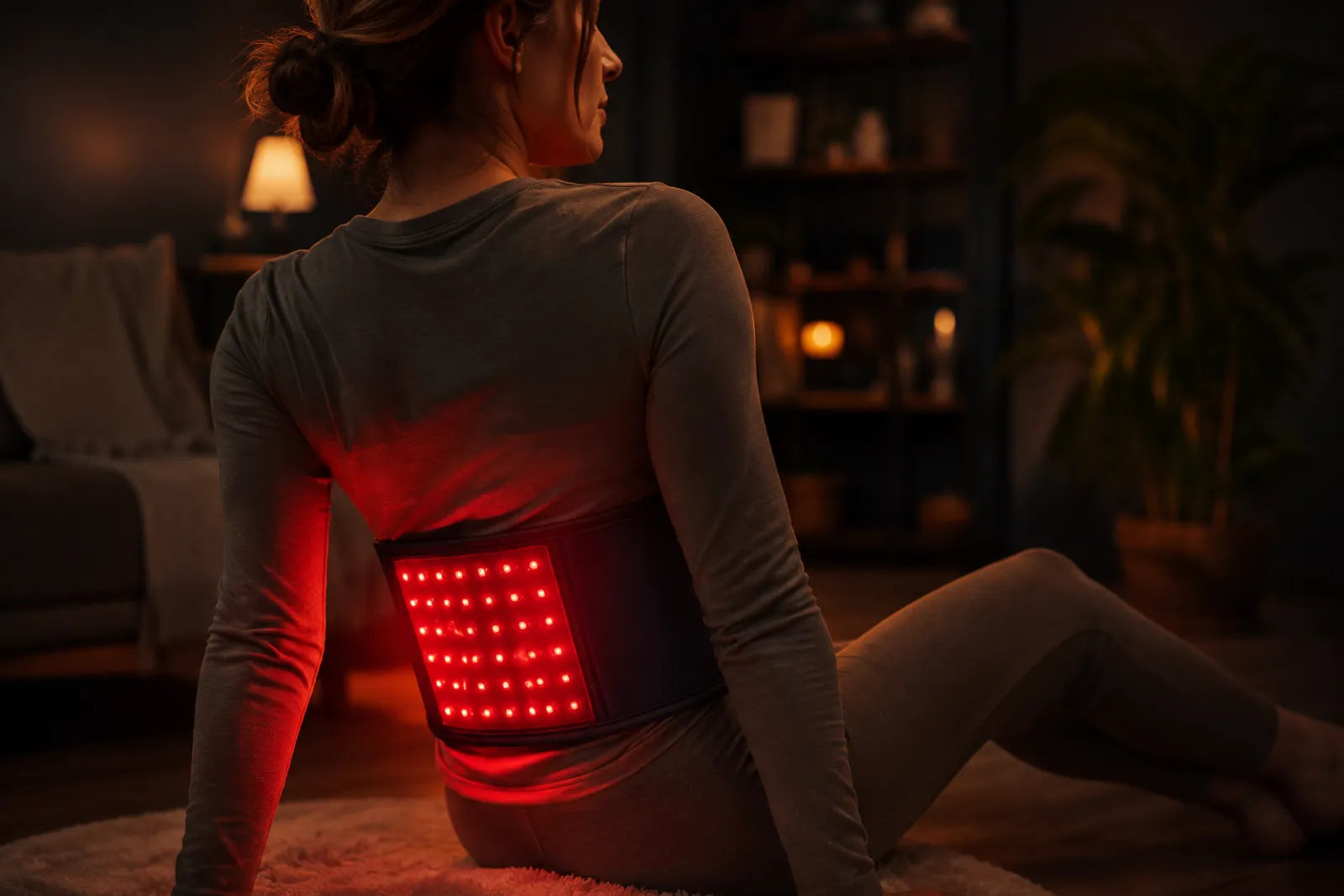 Woman wearing a Lumovex red light therapy belt on her lower back