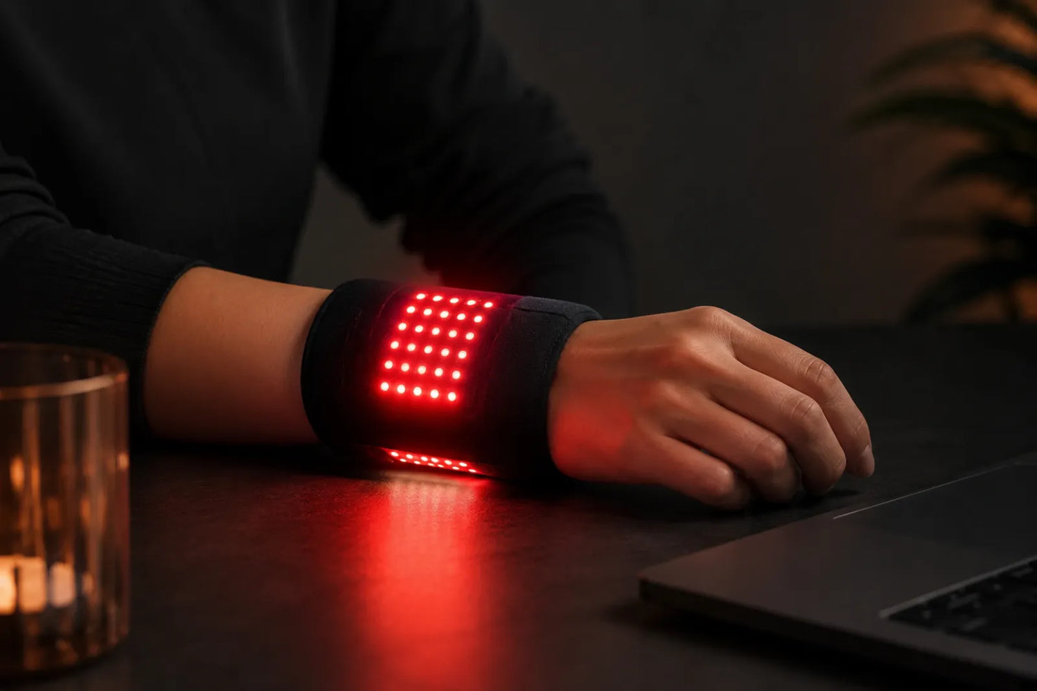 Lumovex red light therapy wrist strap glowing on a wrist at a desk