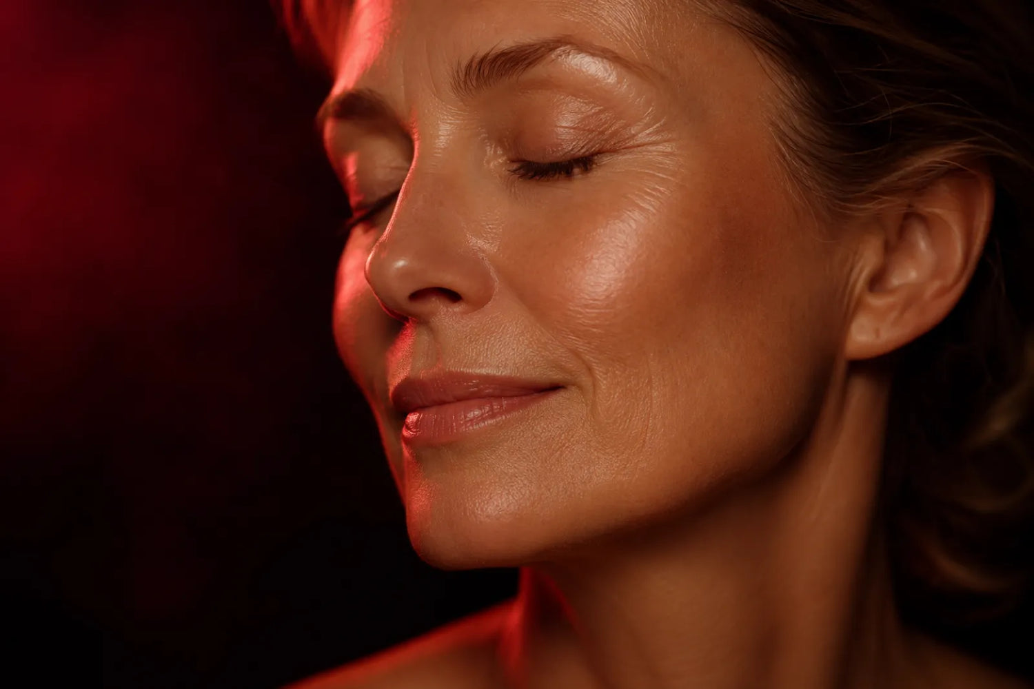 Close-up of radiant skin in soft red light therapy for anti-ageing
