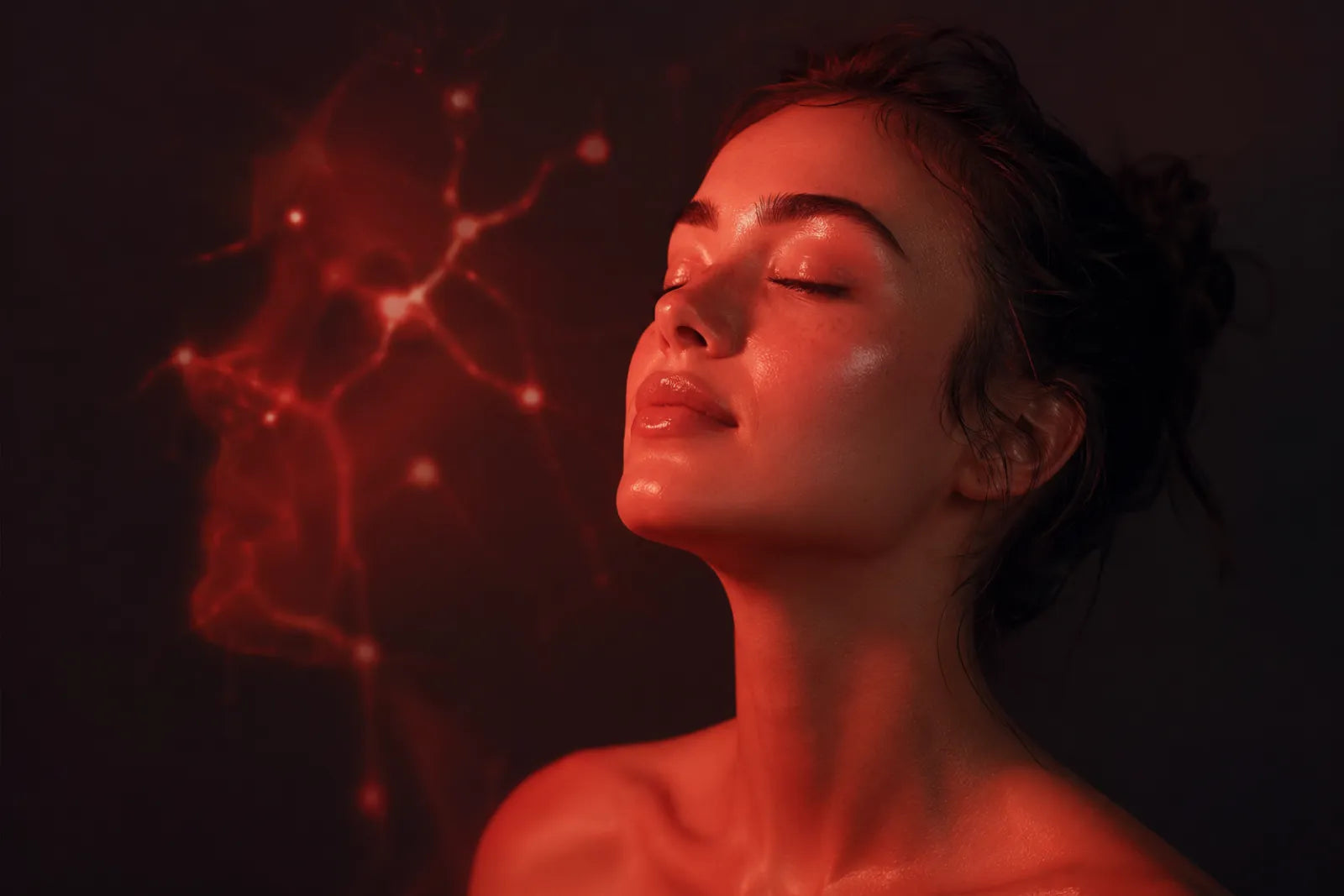 Glowing healthy skin under red light, red light therapy myths versus science