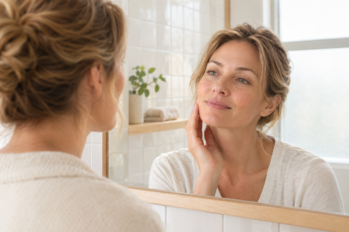 Woman in her 40s gently touching her jawline while looking in a bathroom mirror in soft morning light