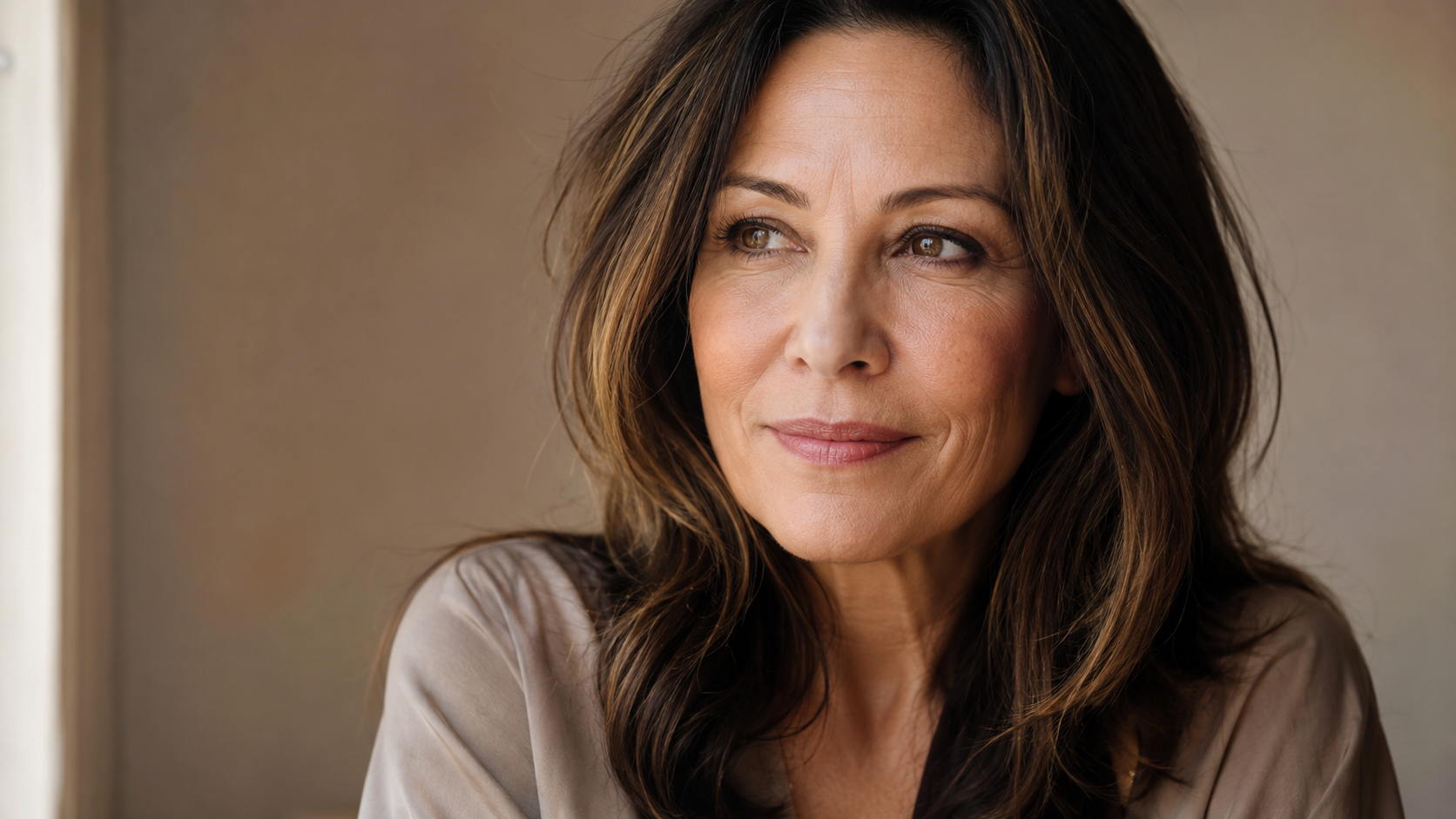 Confident woman in her late 40s with natural skin in soft window light, perimenopause skincare editorial portrait