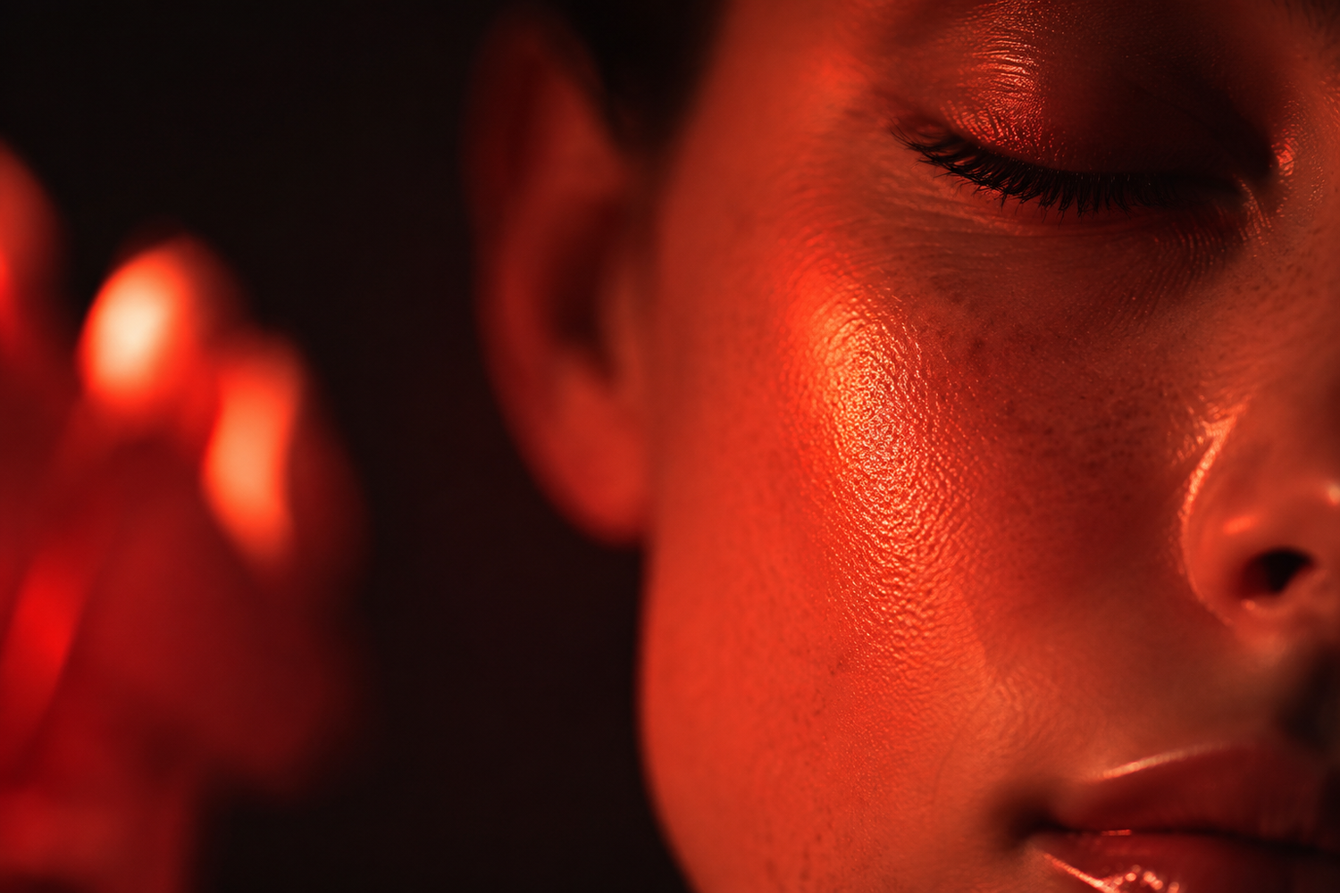 Close-up of healthy glowing skin bathed in red light therapy