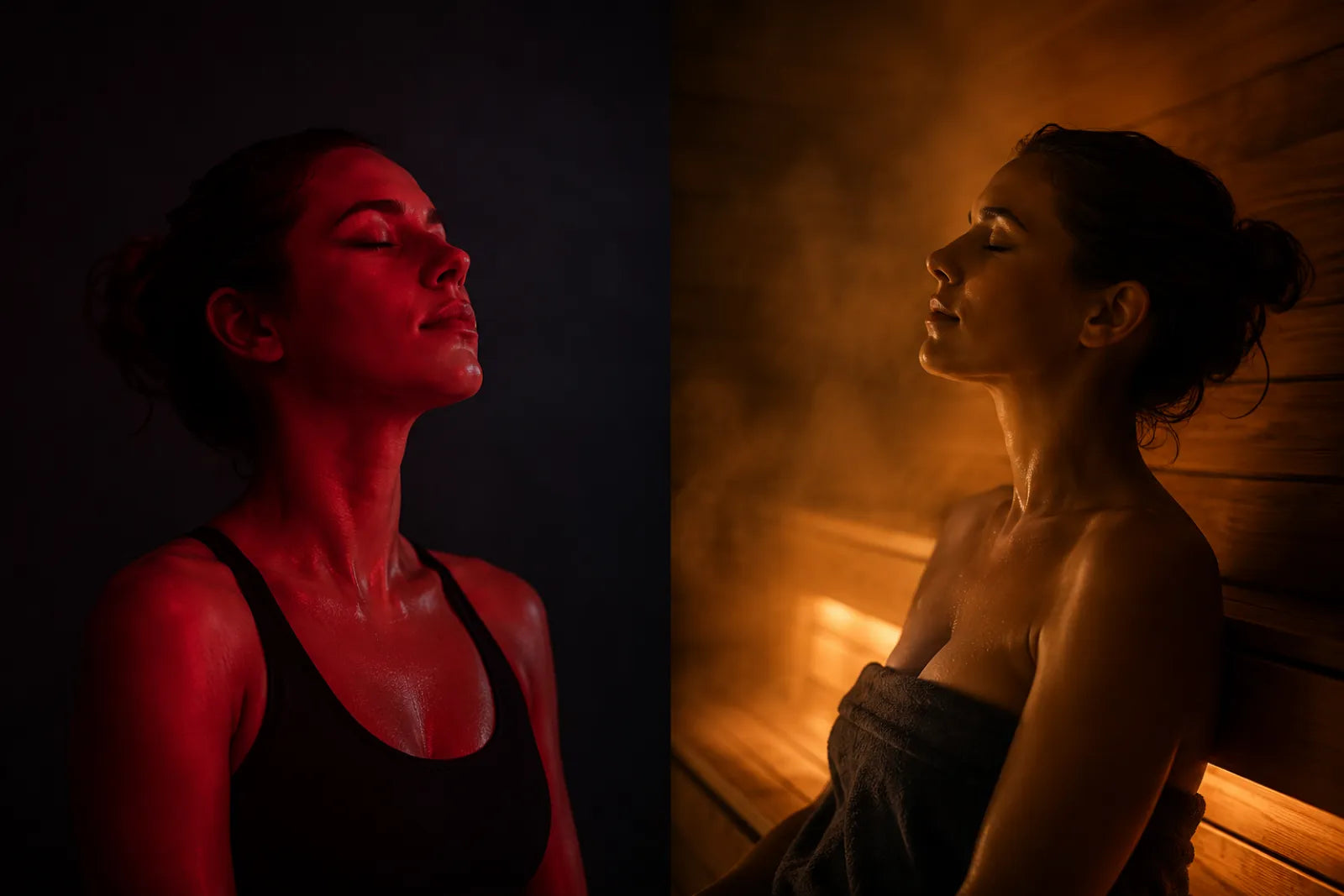 Split image of red light therapy versus an infrared sauna